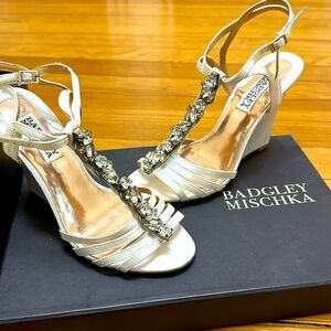 Badgley Mischka white satin wedge heels